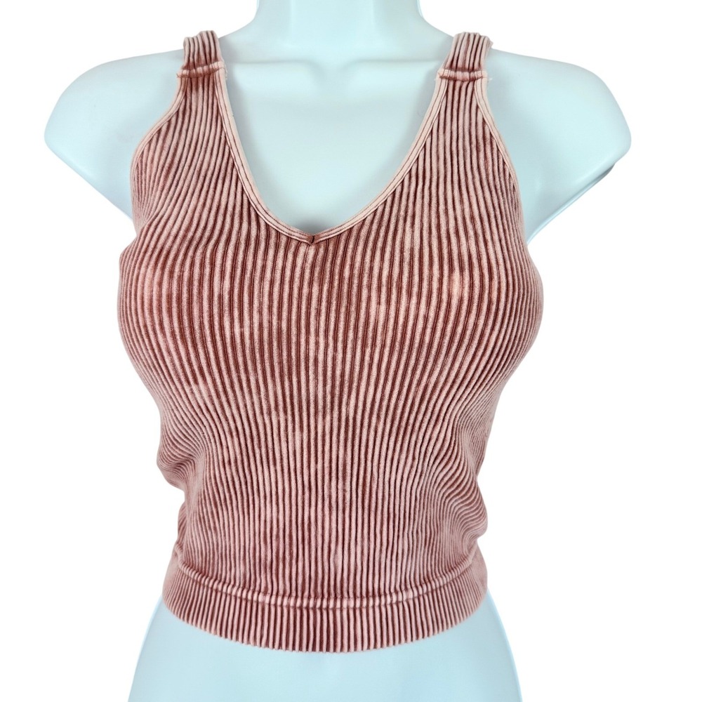 Zenana Ribbed Tank Top Women S/M‎ Pink NEW Mineral Wash Seamless V-Neck